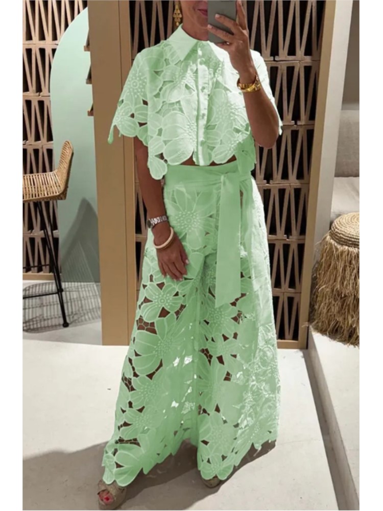 Ensembles élégants pour femmes, chemise creuse en dentelle, haut court + pantalon à jambes larges, ensemble deux pièces, costumes pour femmes, ensembles de couleur unie à la mode