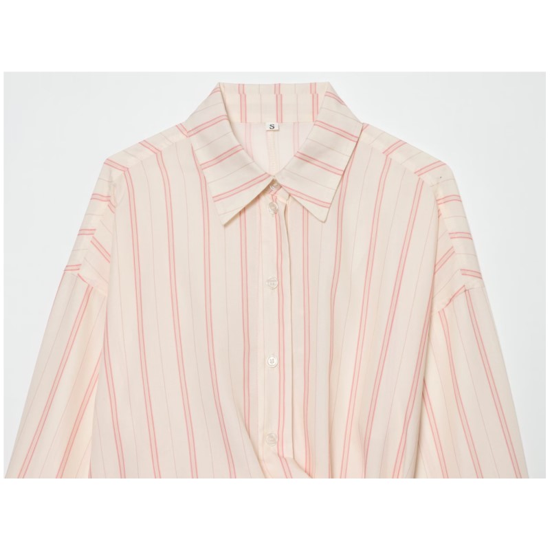 Chemisier rayé pour femme Nouvelle collection Printemps 2026 à manches longues, col en V, avec poche et décoration de nœud, coupe ample