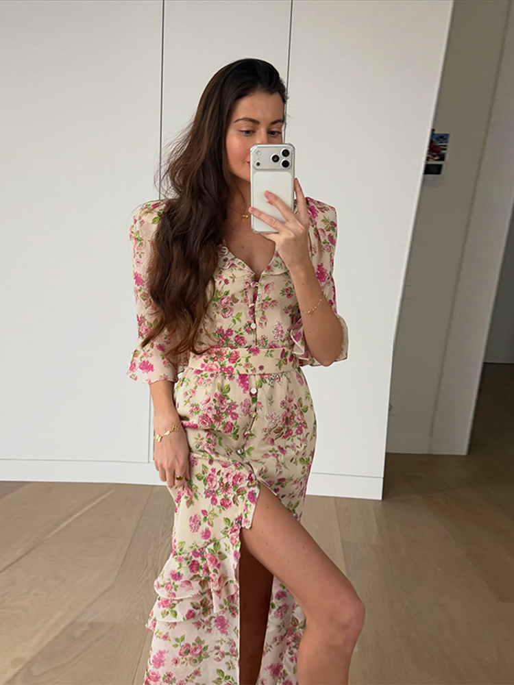 Robe décontractée imprimée pour femme, coupe ajustée, manches mi-longues, col en V, taille cintrée, avec volants, collection Printemps-Été 2026