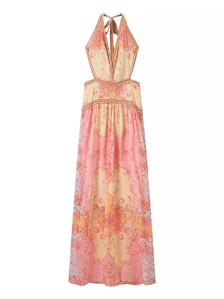 Robe longue sans manches à imprimé floral pour femme, sexy, dos nu, col en V, cintrée à la taille, tenue d'été quotidienne ou de vacances
