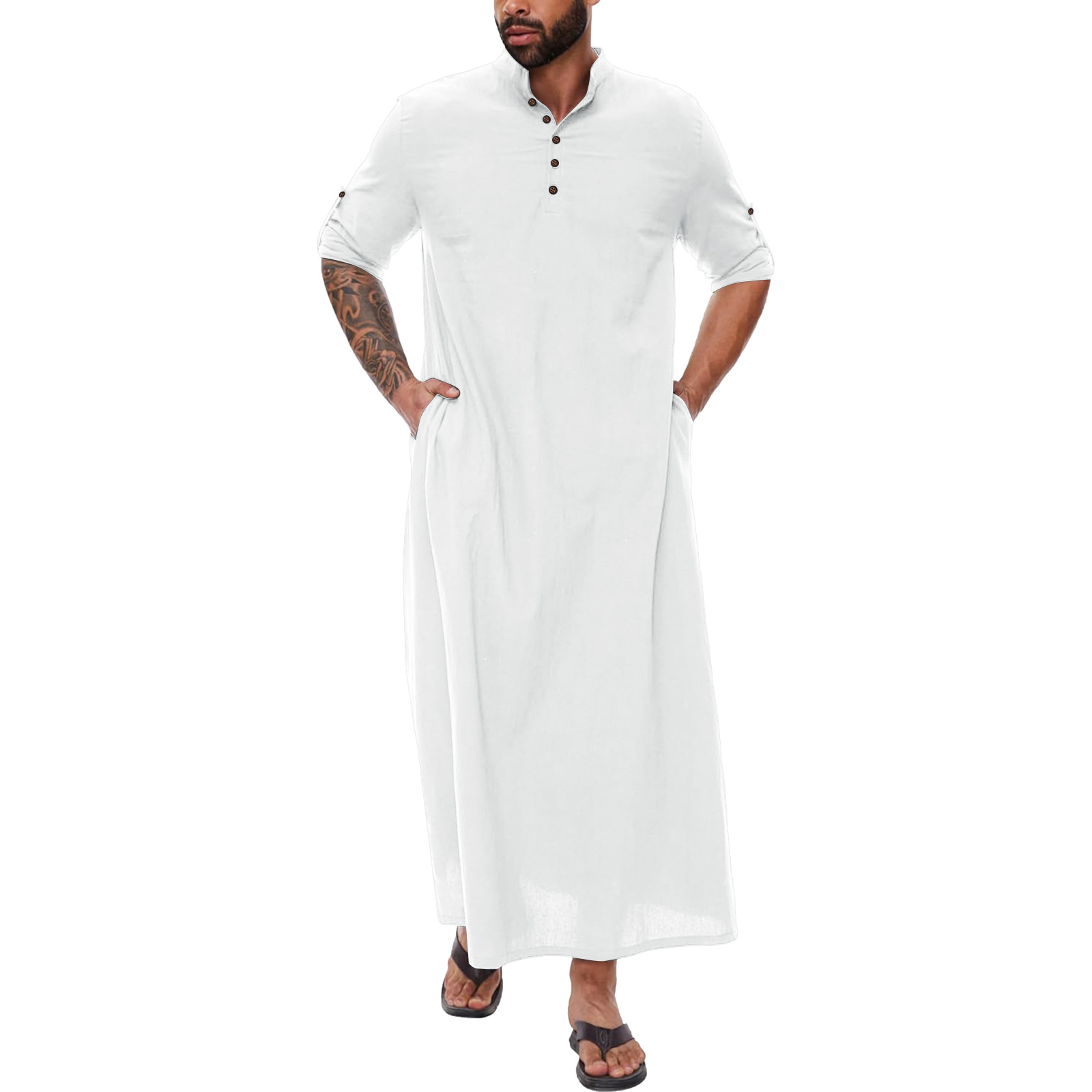 Abaya longue en lin de coton arabe pour hommes, poches musulmanes, Jubba Thobe, Kamis islamiques, document solide, Robe adulte, zones me S-XXXL