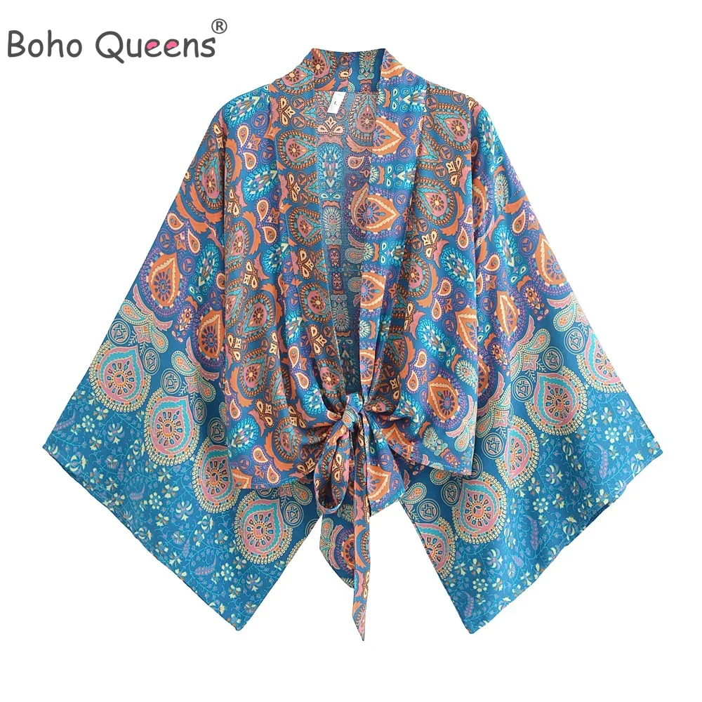 Boho Queens femmes mode Kimono Robe courte 2025 manches chauve-souris florales rayonne bohème Bikini couvrir vêtements de plage