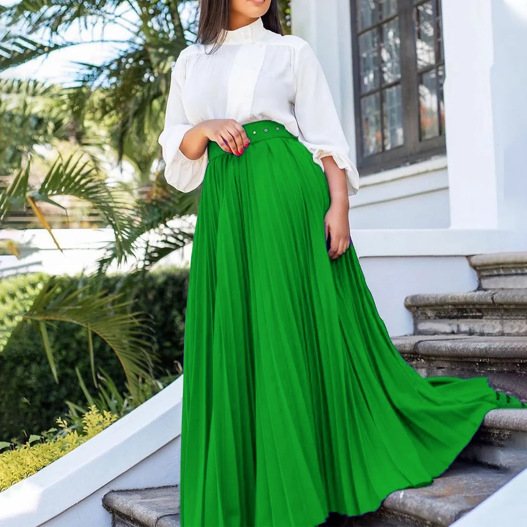 Jupes plissées élégantes personnalisées pour femmes, taille haute, ceinture, longueur cheville, vêtements d'automne et d'hiver, nouvelle collection 2025