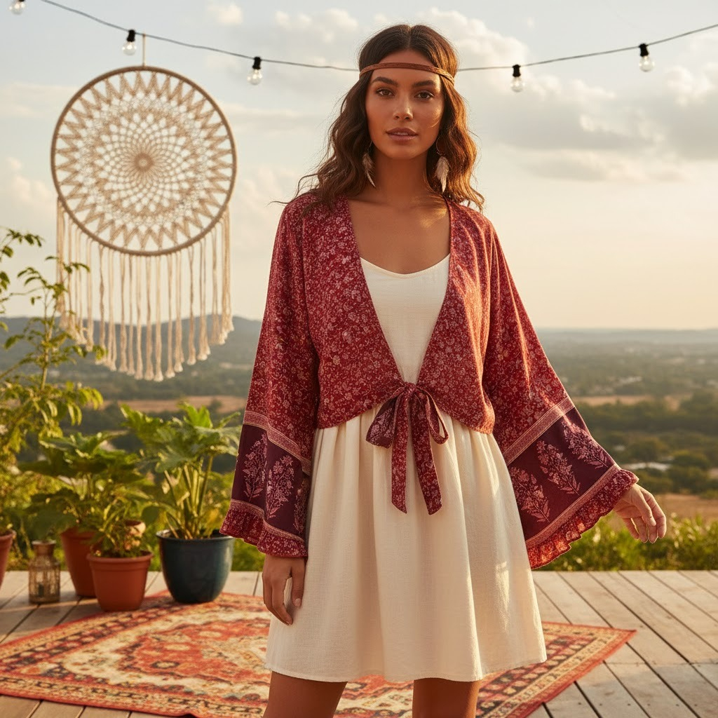 Kimono Bohème à Imprimé Floral en Rayonne pour Femmes, Hauts de Vacances d'Été, Crop Top à Volants et Manches Évasées avec Nœud sur le Devant, Cache-maillots de Plage Bohème