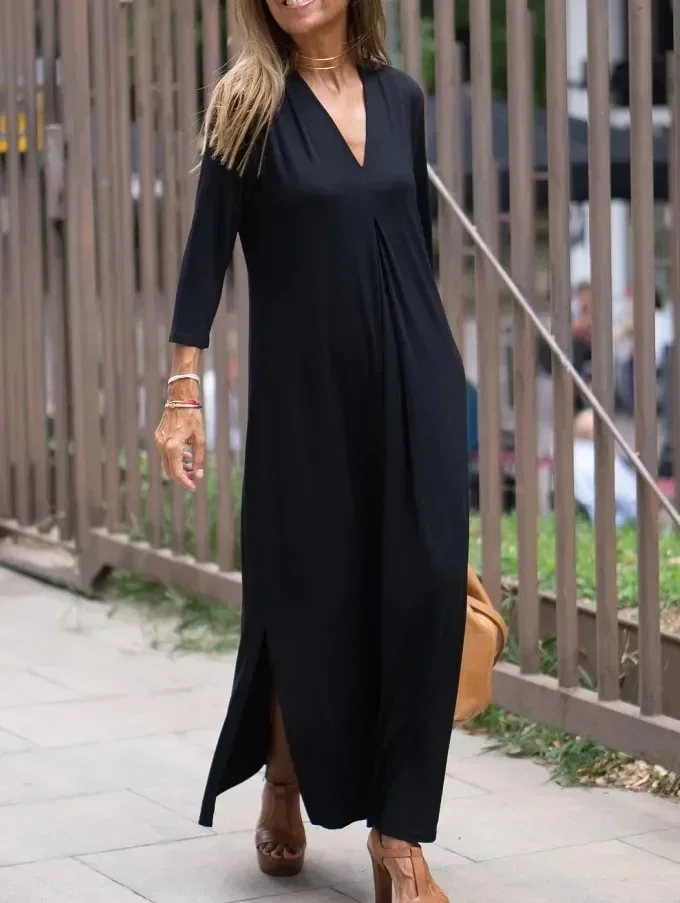 Robe longue élégante à col en V pour femmes, robe confortable à manches longues, tenue décontractée féminine, style confortable avec la mode, printemps, 03