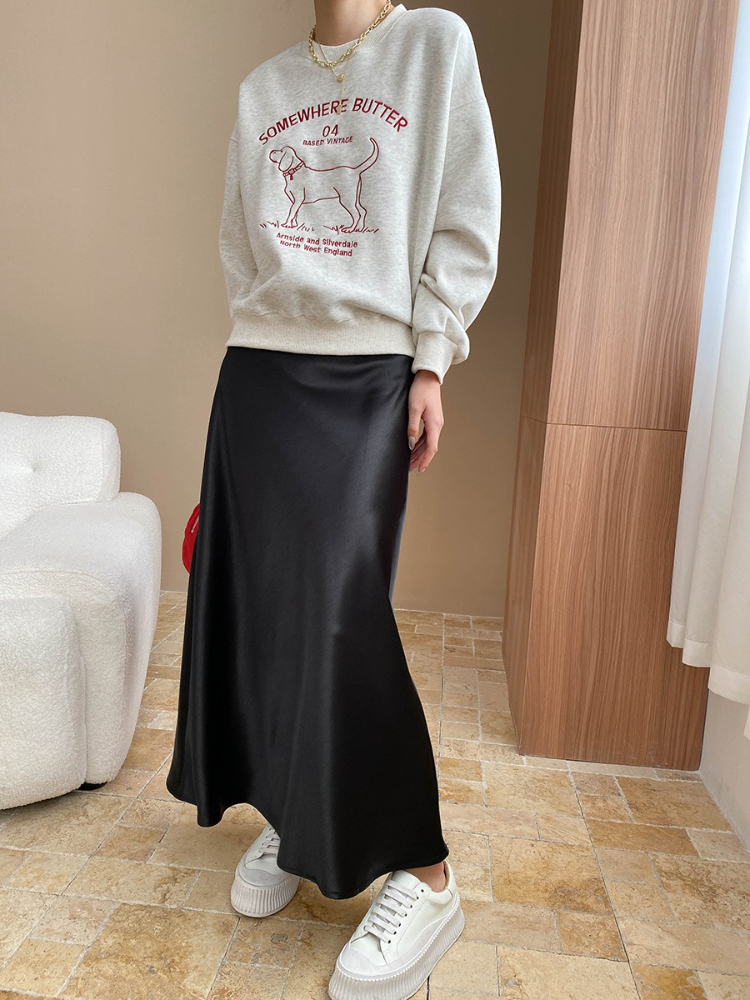 Jupe mi-longue en satin épais et brillant, élégante, silencieuse, de luxe, basique, taille haute, toutes saisons