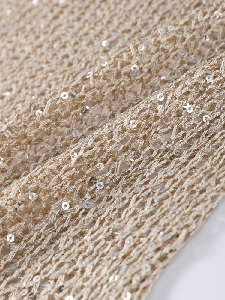 Pull évidé à paillettes pour femmes, col rond élégant, haut à manches longues, pull chic pour femme, mode printemps, 2025