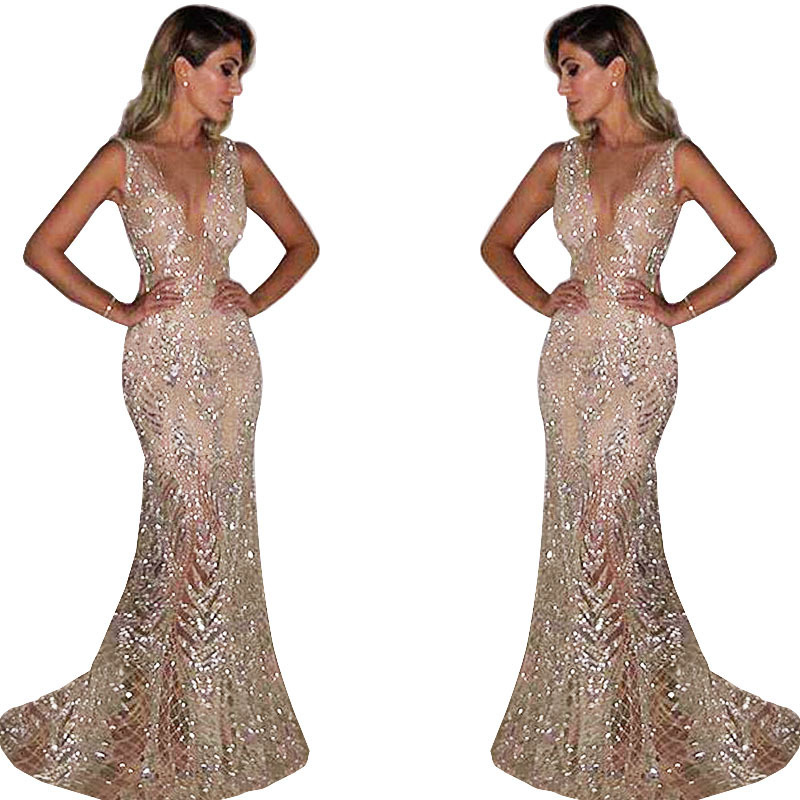 Robe de soirée longue sans manches pour femmes, vêtements féminins, Sexy, décolleté en V profond, paillettes, robes de soirée élégantes, 2025