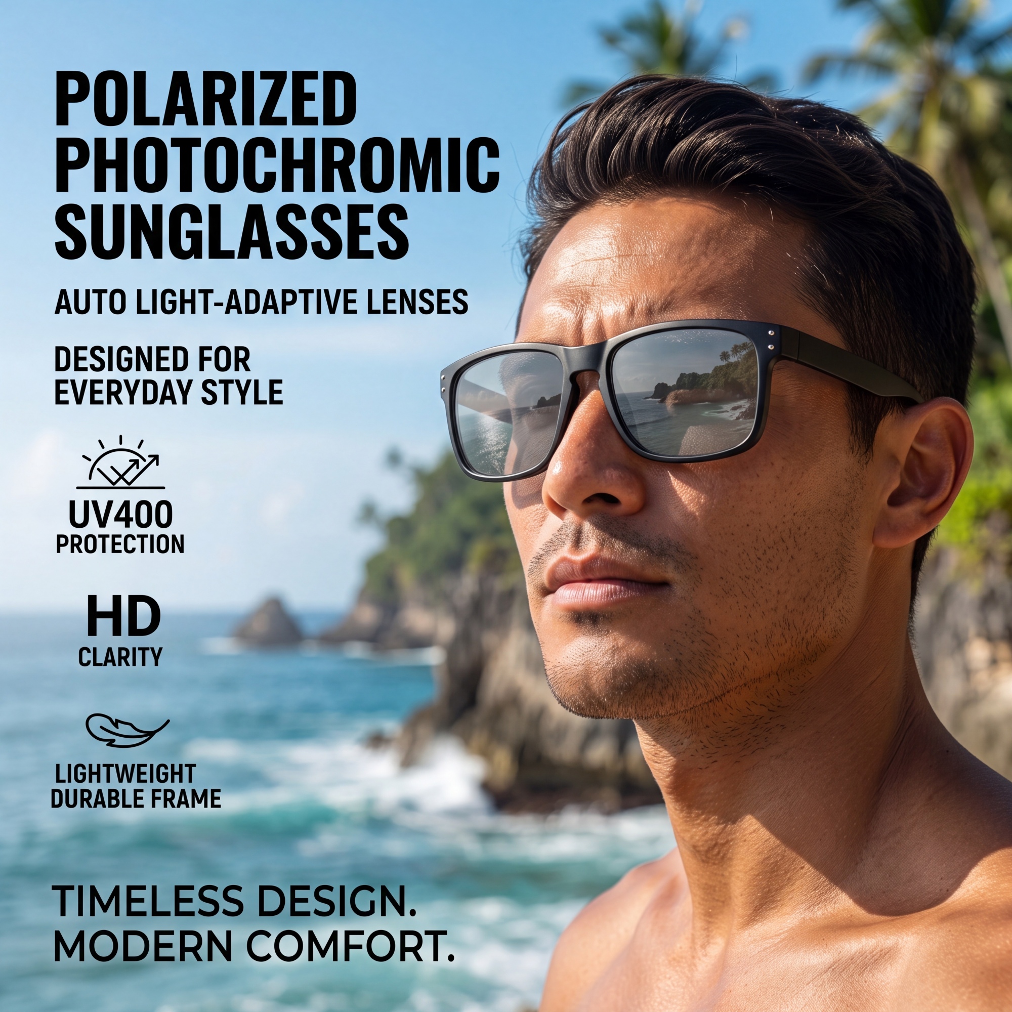 Lunettes de soleil sportives polarisées photochromiques unisexes à monture carrée UV400 anti-reflets, confortables pour la conduite, la pêche et le cyclisme