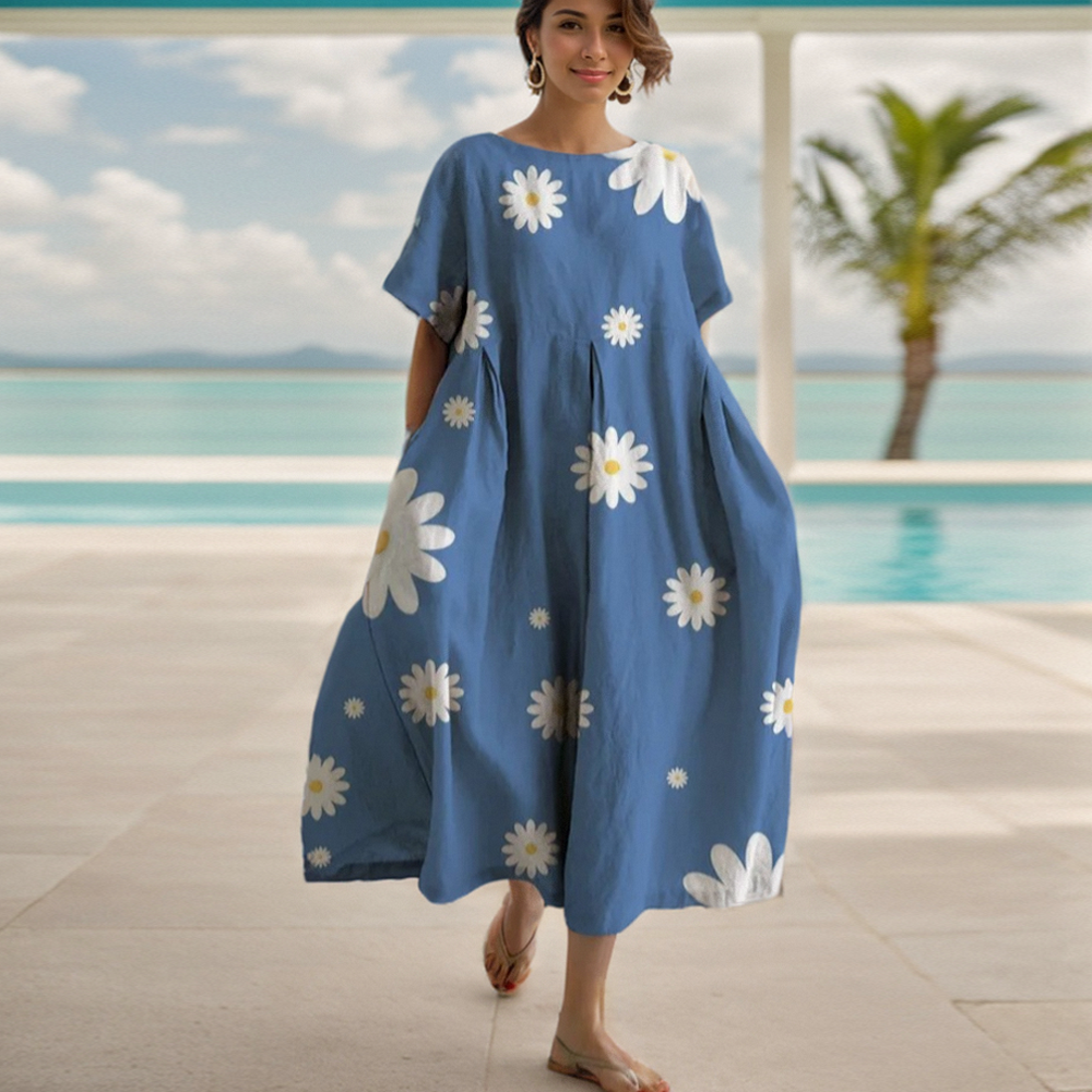 Robe à imprimé floral à manches courtes pour femmes, col rond, grand ourlet, mode adt, élégant, décontracté, trajet quotidien, femme, robe trapèze, été, nouveau