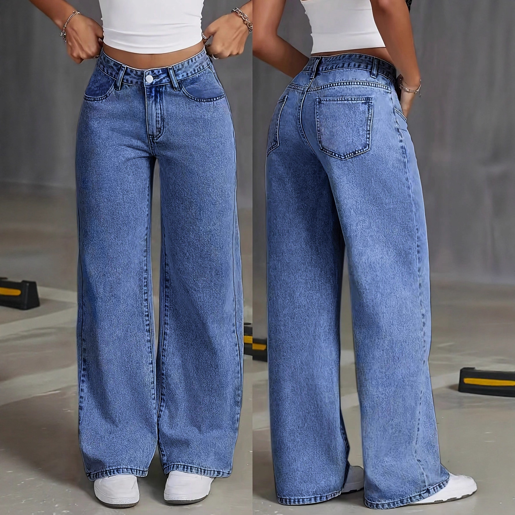 Taille : S-5XL Jeans d'été et d'automne pour femmes, coupe large, taille haute, grande taille, pantalon décontracté ample à jambe droite, pantalon large pour filles
