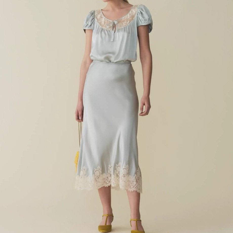 Femmes soie Satin demi-glissement jupes longues dentelle Patchwork taille élastique jupe longue élégante soyeuse fluide une ligne jupes mi-longues