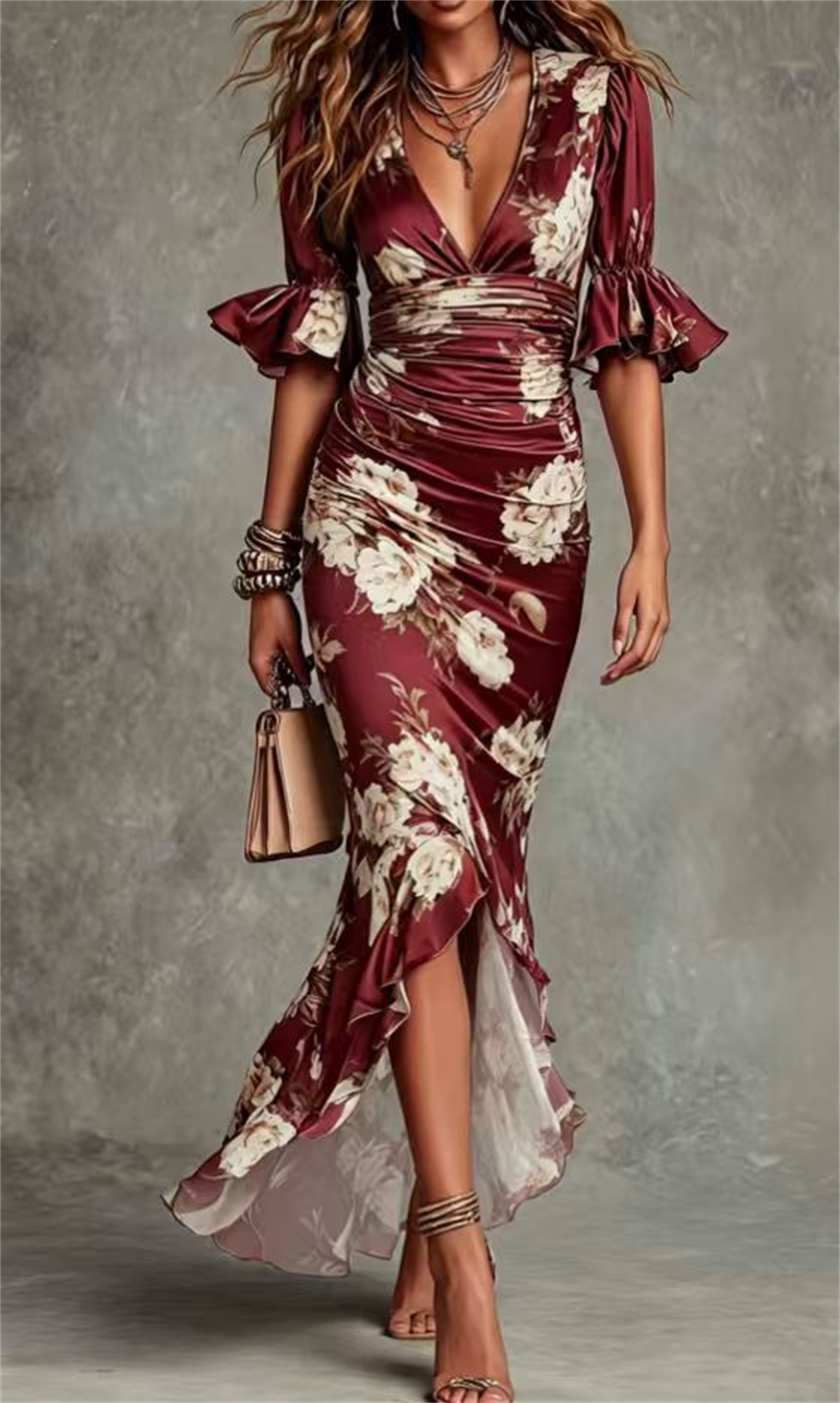 Robe midi en satin vert sauge à motifs floraux pour femme, col en V profond, manches bouffantes à volants, froncée, élégante, pour invitées de mariage, cocktail ou soirée
