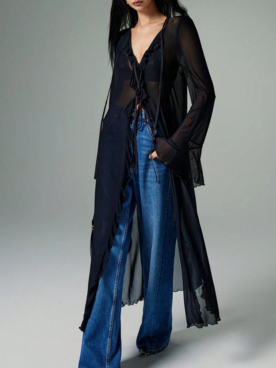 Kimono long en maille transparente pour femme, style hobo fluide avec volants, robe longue sexy à manches cloche, cache-maillot en mousseline à nouer sur le devant