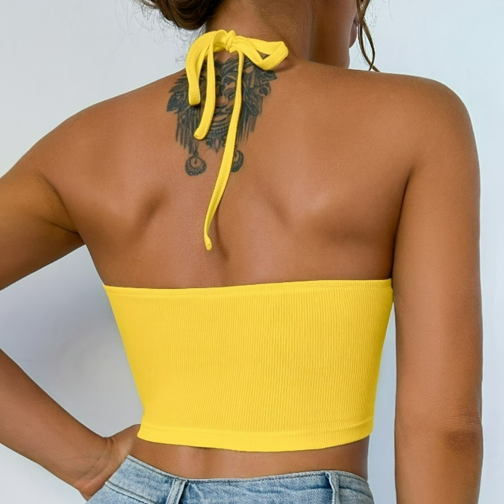 Haut court sexy dos nu pour femme, idéal pour les soirées, mode estivale, ajouré, jaune