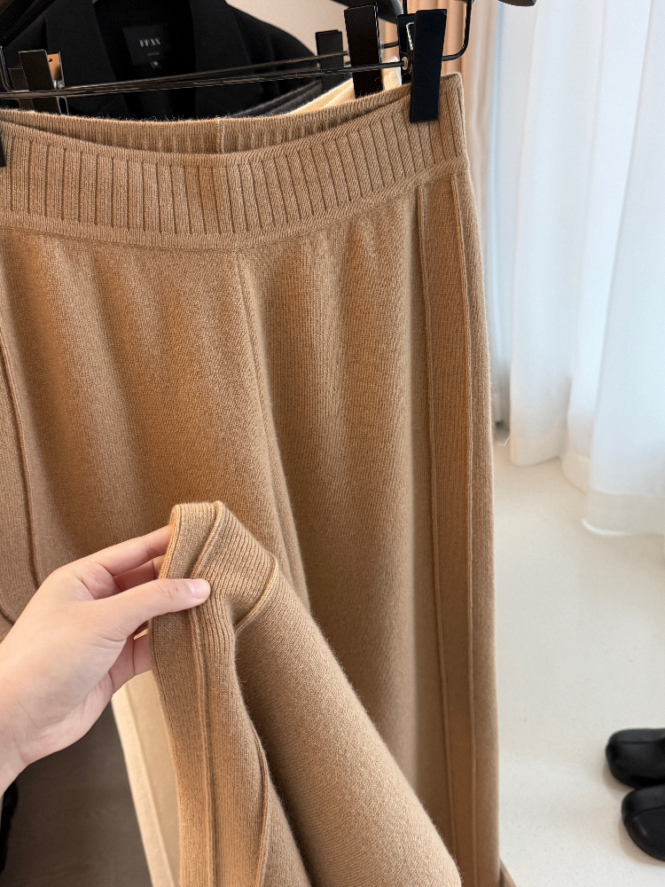 Pantalon à jambes larges tricoté en cachemire pour femmes, taille haute, Style drapé, épais, longueur au sol, adapté aux vêtements d'extérieur