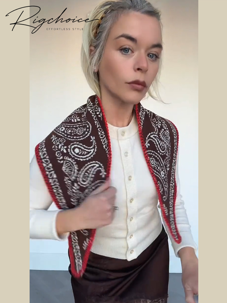 Écharpe triangulaire en tricot à motifs paisley et blocs de couleurs vintage, accessoire polyvalent chic pour femme, idéal pour la rue, automne-hiver, bandana à bordure matelassée.