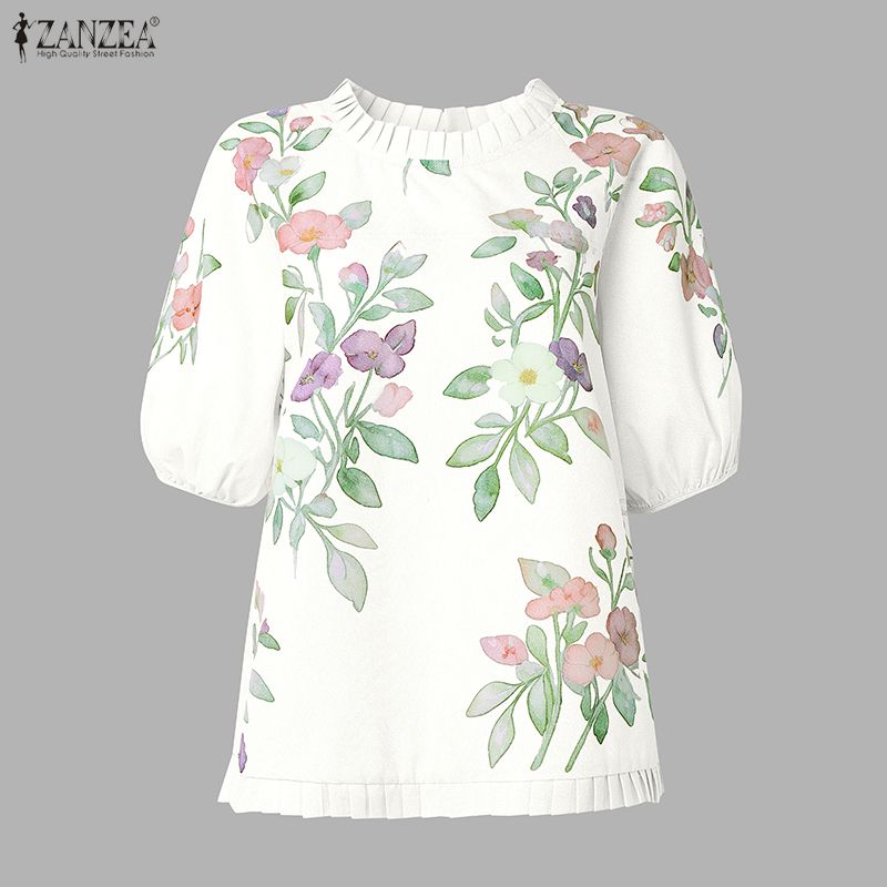 ZANZEA – hauts à volants pour femmes, chemisier imprimé floral, manches courtes bouffantes, style coréen, Bluasa, tunique décontractée et élégante, imprimé patchwork, été