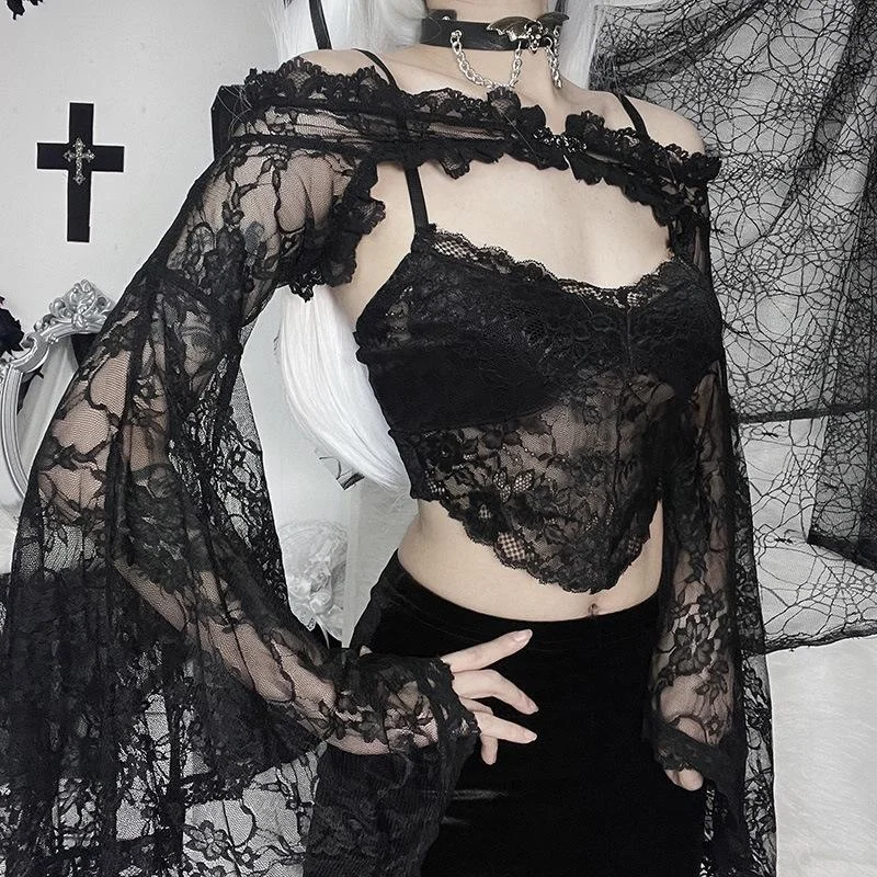 Couvertures de haussement d'épaules superposées à manches longues évasées pour femmes, dentelle gothique foncée vintage, One Initiated Grunge Aesthetic Black, Y-for Egirl