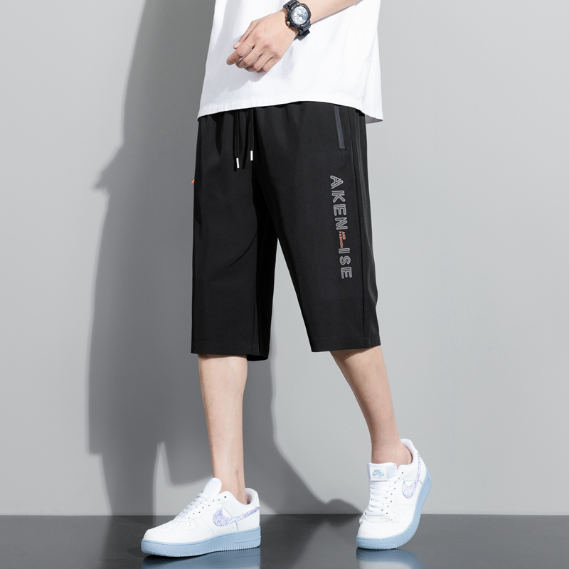 Bas d'été pantalon en soie glacée hommes respirant léger mollet longueur pantalon de survêtement court 3/4 droit ample décontracté pantacourt