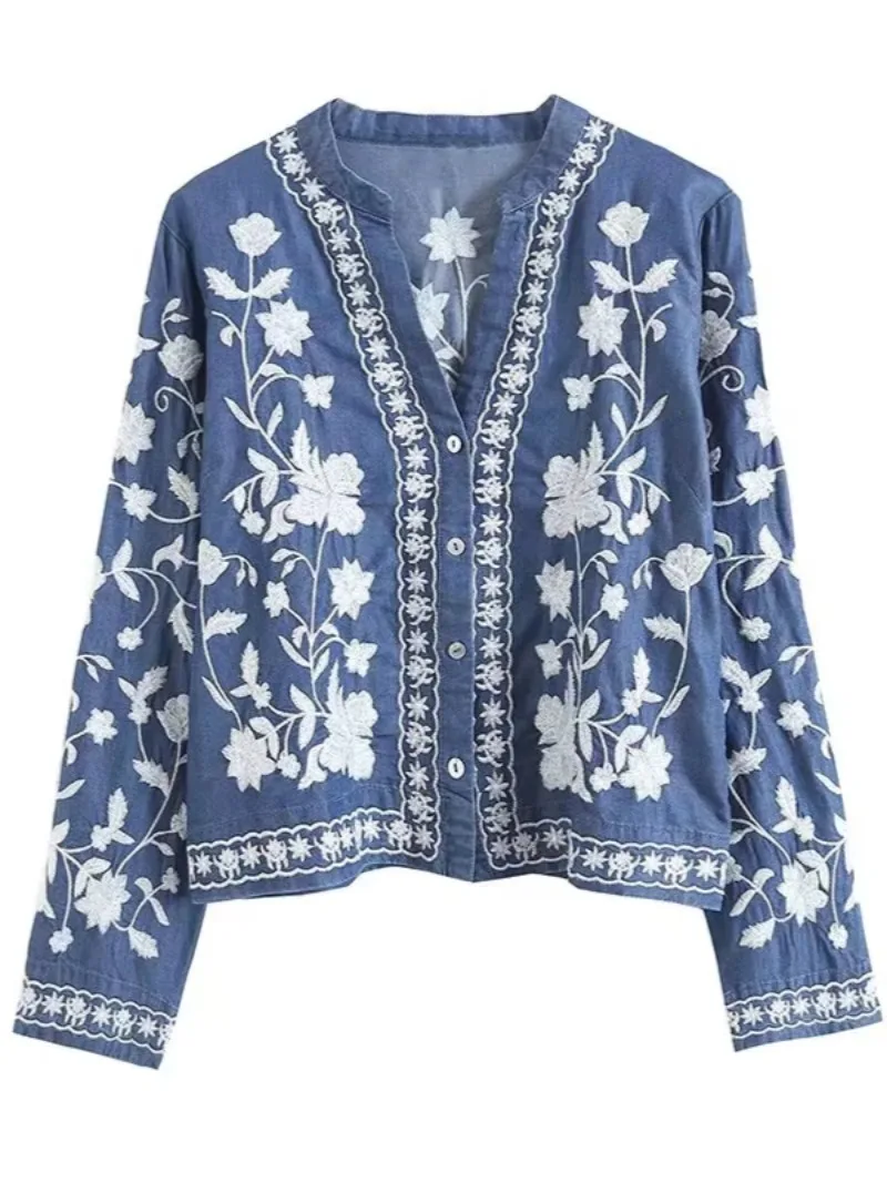 Kimono Boho Vintage Denim Coton pour Femme, Broderie Bleue, Bohème Col V, Manches Chauve-Souris, Robe Courte, Cover-up