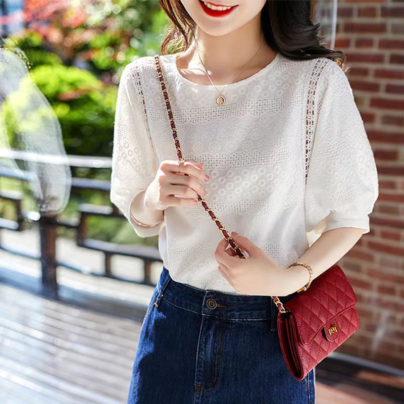 Mode été nouvelle broderie coton dentelle col rond Blouses décontractées nouveau coréen femmes lanterne manches chemises amples vêtements hauts Chic