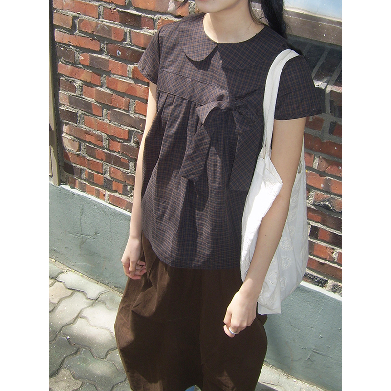 Chemises à carreaux Vintage pour femmes, chemisiers japonais à col Peter Pan avec nœud Harajuku, esthétique coréenne d'été, manches courtes, hauts décontractés, nouveau