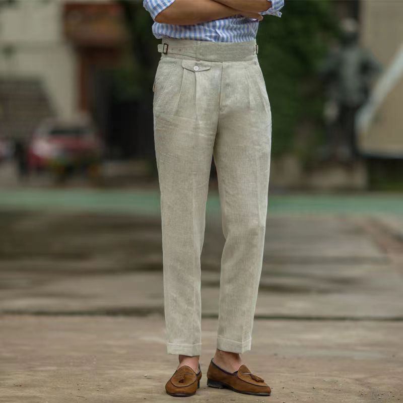 Pantalon en lin Gurkha de style britannique pour hommes, taille haute, droit, longueur de rinçage, printemps, été, haute qualité, mince, décontracté, surintendant
