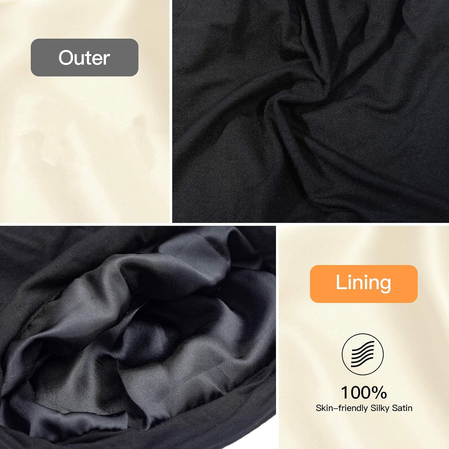 Bonnet de nuit en satin pour femme, chapeau de nuit luxueux doublé en soie satinée, couvre-cheveux anti-frisottis pour dormir, doux et respirant, noir B