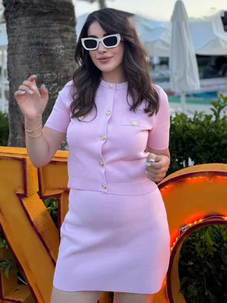 HH – costume élégant pour femmes, col rond, simple boutonnage, avec poche à manches courtes, haut tricoté + Mini jupe à taille élastique