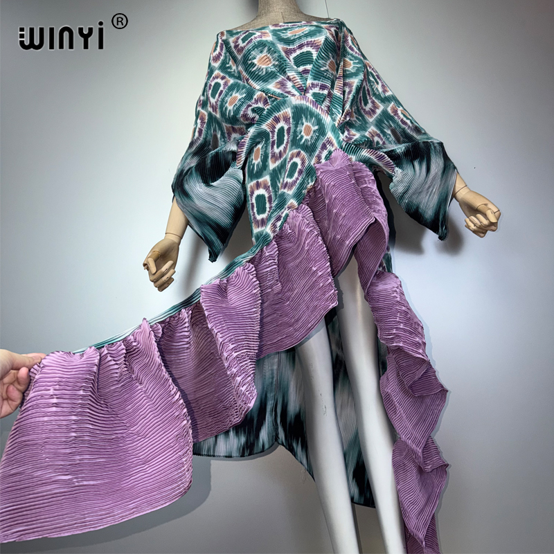Robe plissée estivale WINYI pour femmes, à manches bouffantes, robe de plage, kaftan musulman, abaya, robe de soirée longue de luxe Dubaï