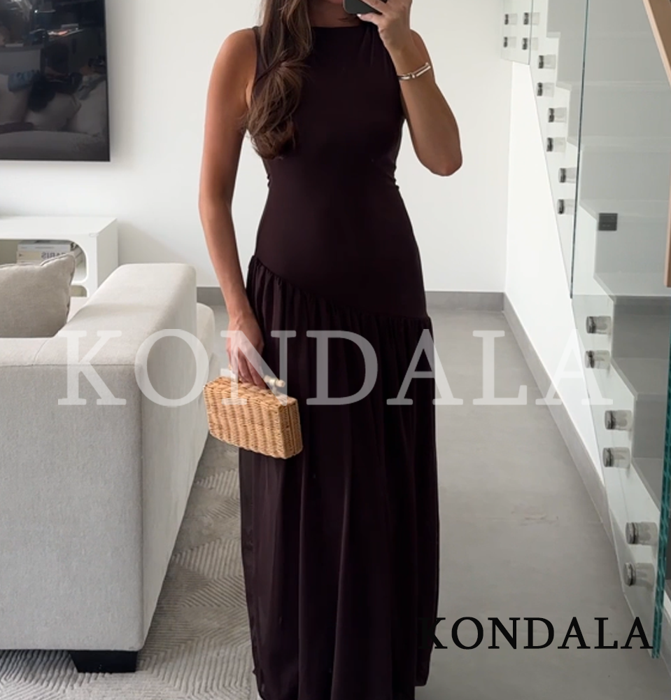 Robe longue élégante et chic en tulle sans manches KONDALA pour femme, style vintage tendance, coupe ajustée, collection Printemps-Été 2026, idéale pour les vacances et les occasions décontractées