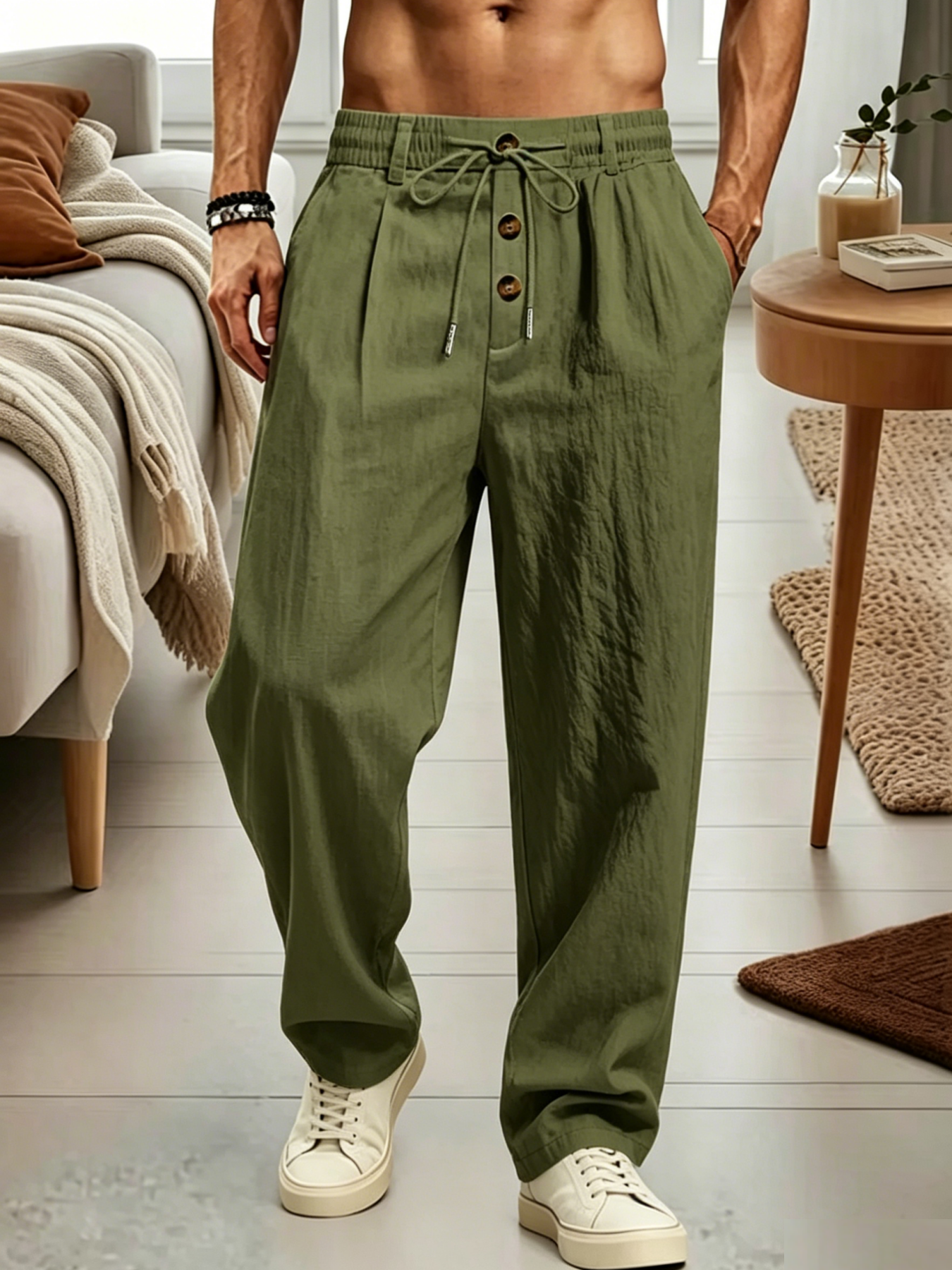 Pantalon décontracté en lin pour homme, taille élastique avec cordon de serrage, boutons, coupe droite, ample, pour l'été, la plage, plusieurs couleurs, usage quotidien