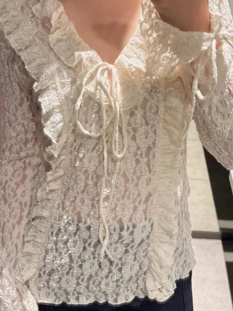 Dentelle à volants femmes petit haut plissé couches à lacets nœud col en v à manches longues maille voir à travers élégant Baggy court Blouse pull