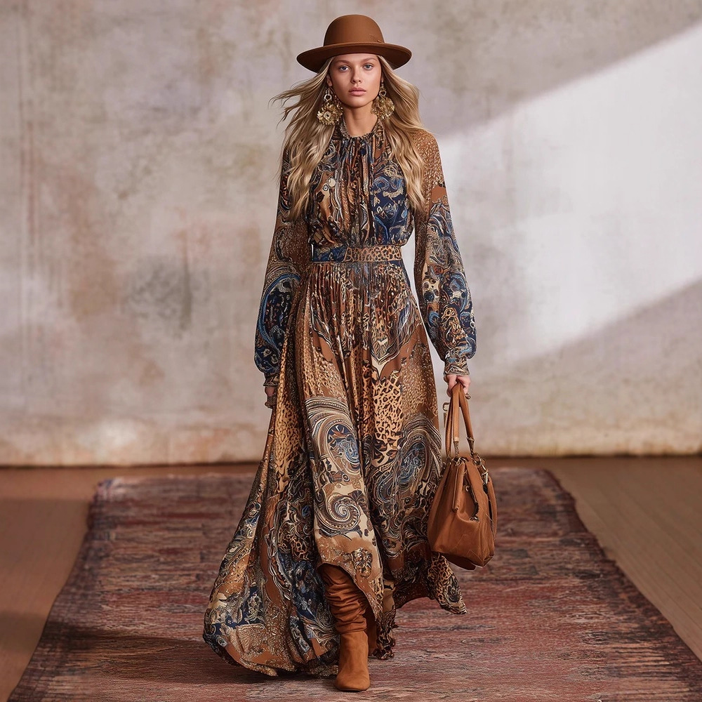 Robe longue imprimée style bohème pour femme, col montant, manches longues bouffantes, taille élastique, ourlet évasé, style vintage, idéale pour les vacances et les soirées