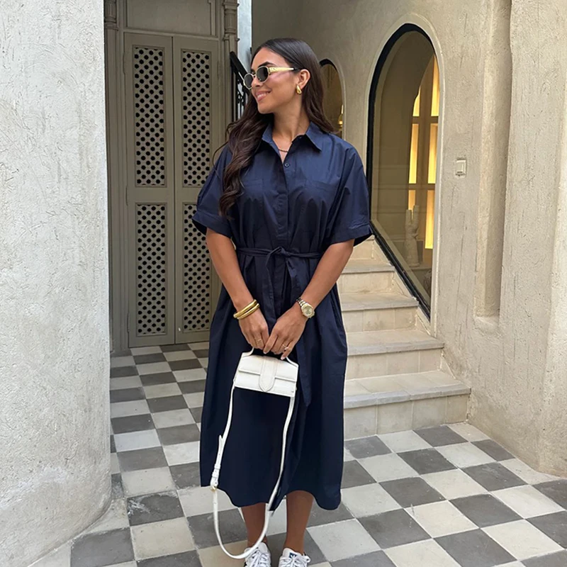 Robe décontractée à lacets pour femmes, simple boutonnage, col rabattu, manches courtes, robes pour dames, printemps été, ample, 2025