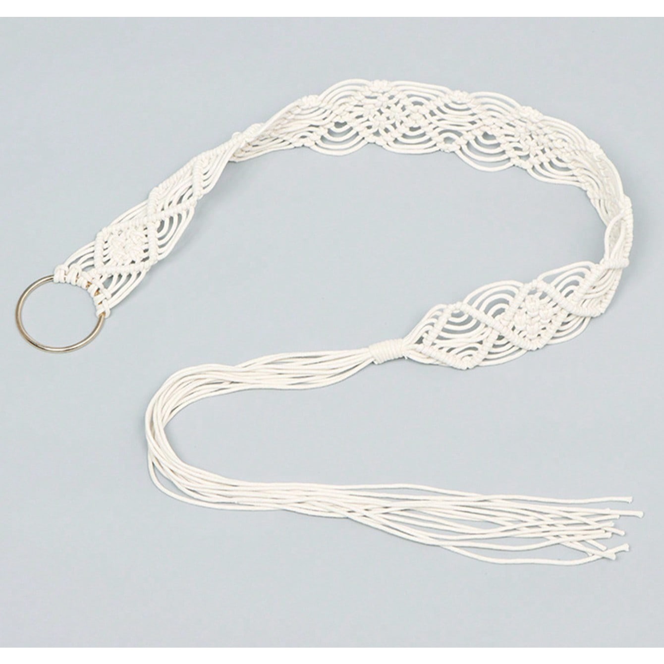 Ceinture tressée bohème ethnique pour femme avec grande boucle en O argentée, ceinture beige à pompons pour femme