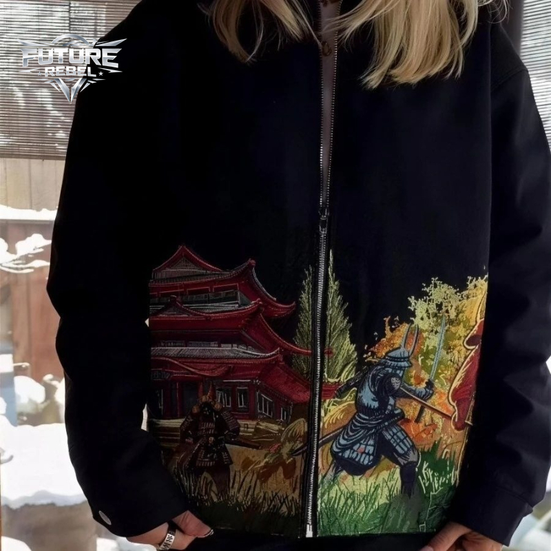 Veste bomber unisexe style Harajuku Y2K gothique, broderie samouraï, streetwear rétro japonais, coupe ample hip-hop