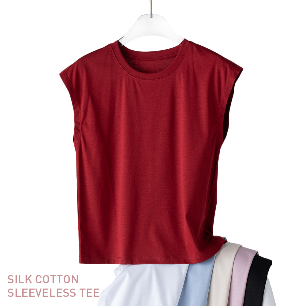 T-shirt sans manches en coton mercerisé 10% soie pour femmes, débardeur, sensation soyeuse, vêtements rafraîchissants d'été, col rond, haut de gamme