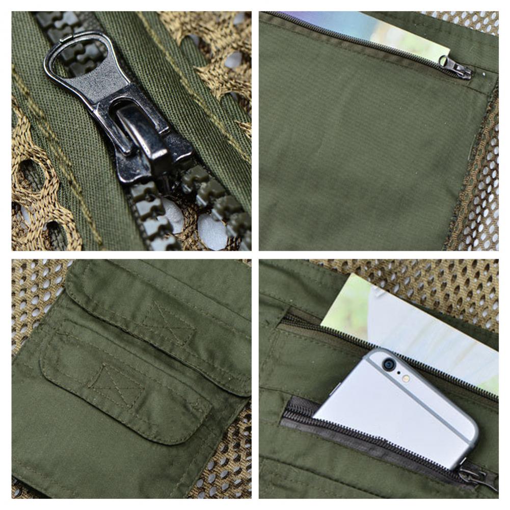 Gilet en maille évidée pour hommes, fermeture à glissière, veste multi-poches pour hommes, gilet léger en fibre, vêtements de travail, été