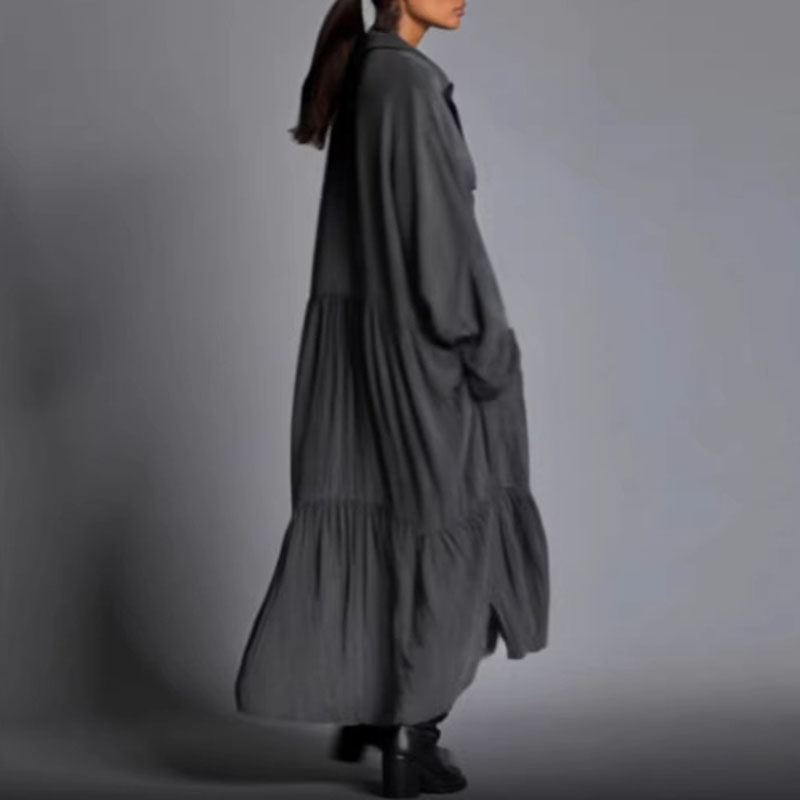 Robes décontractées pour femmes, nouvelle collection vintage, unie, ample, plissée, style bohème, longue, printemps 2026, robe maxi chemise à manches longues et col à revers boutonné