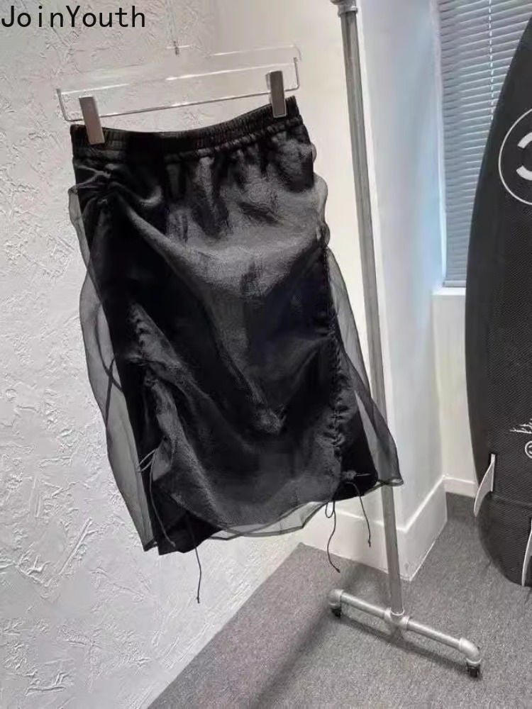 Jupe d'été vêtements pour femmes taille haute Organza Saia cordon tunique Jupe Chic irrégulière Mini jupes 2025 Faldas Mujer De Moda