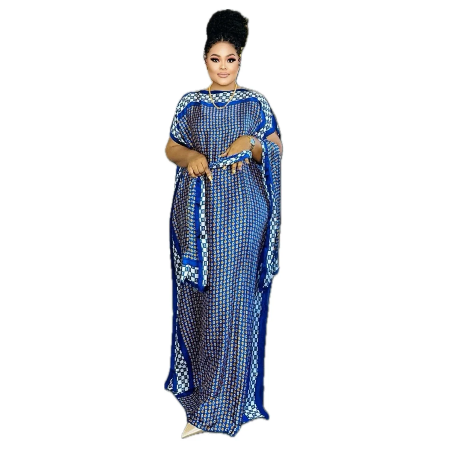 Wonder géométrique grande taille – Robe caftan fluide avec col rond et manches chauve-souris – Vêtements élégants et courbés
