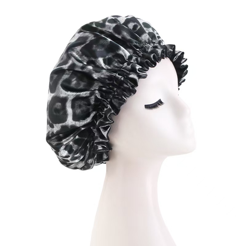 Bonnet de nuit en Satin imprimé léopard pour femmes, Double couche, Bonnet soyeux, bande élastique réglable, casquette de sommeil pour cheveux longs, nouvelle collection