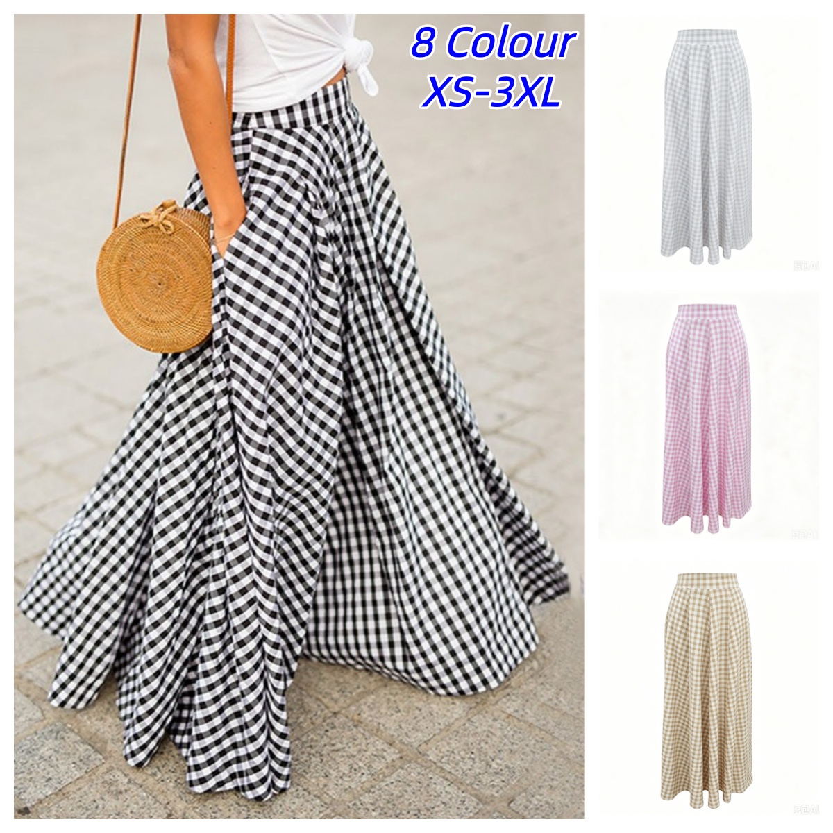 Jupe élégante et décontractée pour femme, taille haute, longue, style rétro, pour les vacances ou le bureau, motif Vichy, vêtements féminins