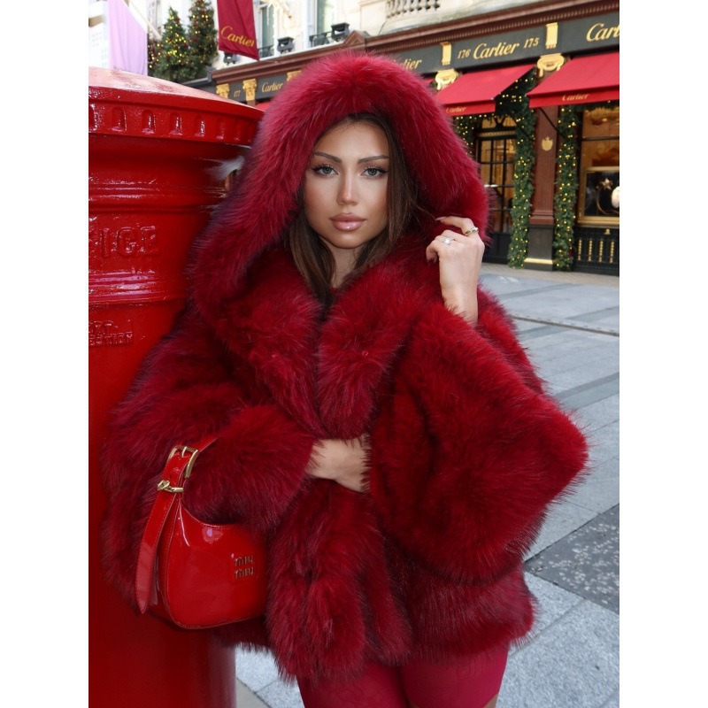 Manteau à capuche femmes veste d'hiver manteaux de fourrure rouge manches longues veste moelleuse mode vestes de fourrure artificielle vêtements de luxe chauds