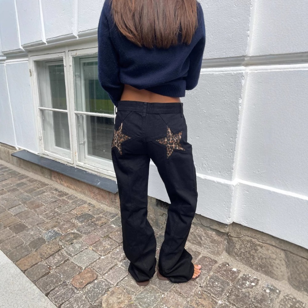 Jeans pour femmes 2025, imprimé étoiles, pantalon droit, taille haute, délavé, poches, longueur au sol, streetwear, denim