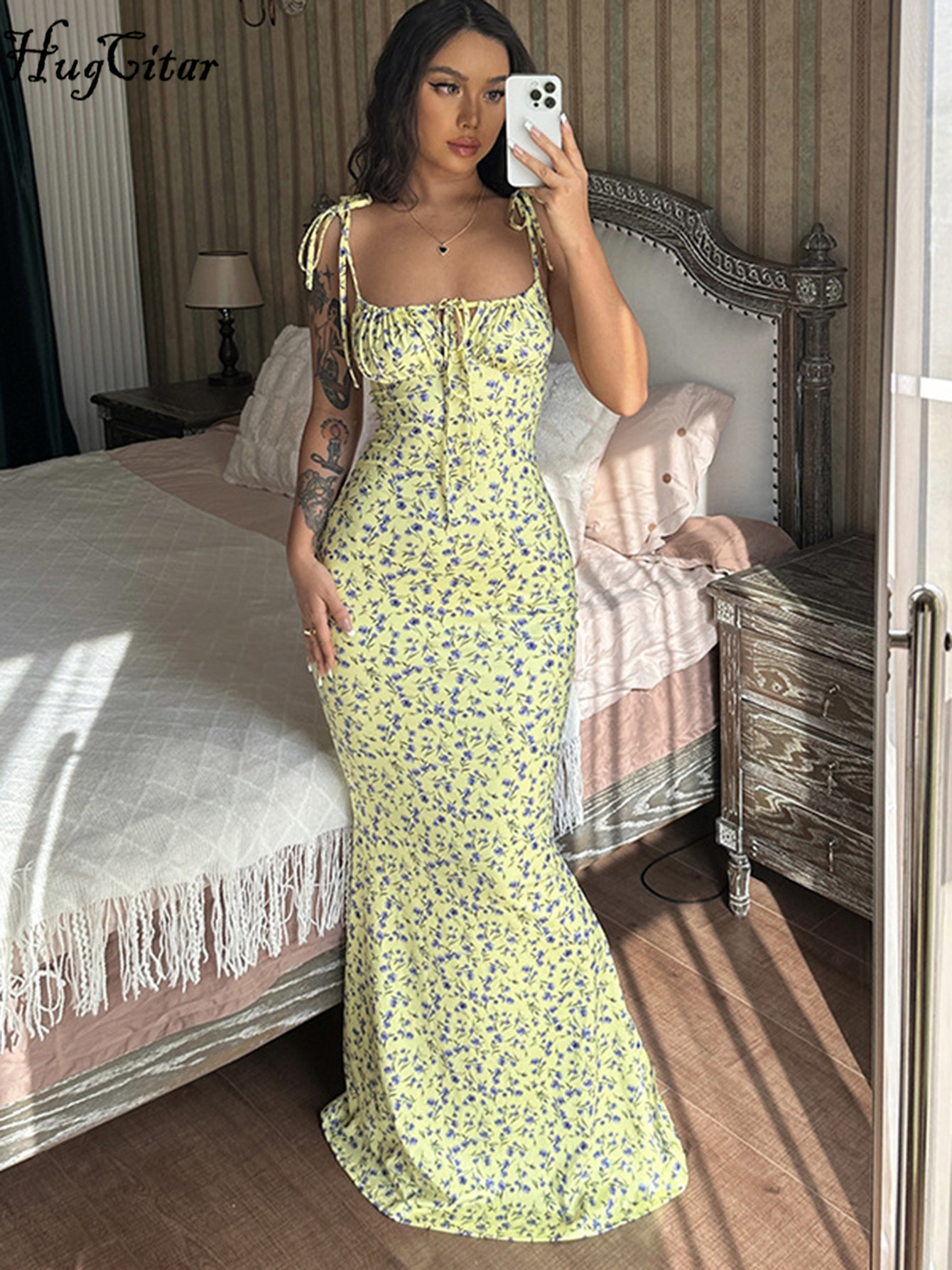 Robe longue moulante Hugcitar pour femme, élégante, à motif floral, pour la plage et les vacances, style streetwear, collection été 2026, articles de gros pour les entreprises