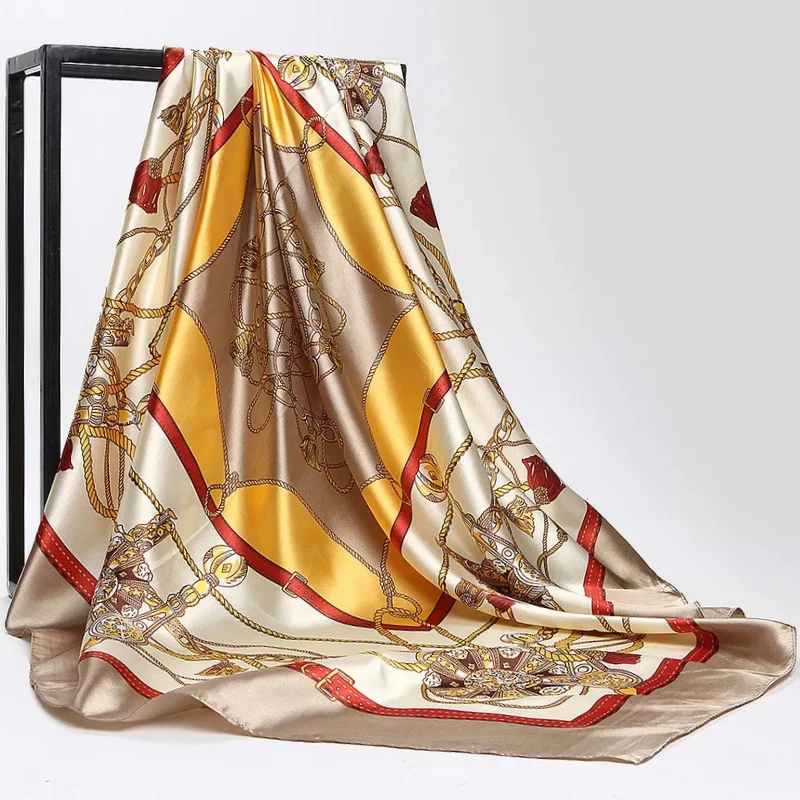 Écharpe en satin 90x90cm pour femmes, écharpe en chaîne imprimée de fleurs de cajou, nouveau style printemps et été, châle pour femmes, nouveau style 2024