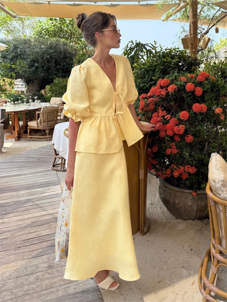 Ensemble jupe femme taille haute jupe longue costume femme col en v manches bouffantes a-ligne jupe longue 2 pièces ensembles 2025 tenue de dame d'été